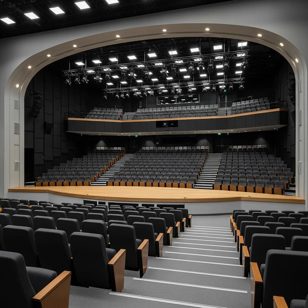 Corporate auditorium with tiered seating and balanced recessed lighting