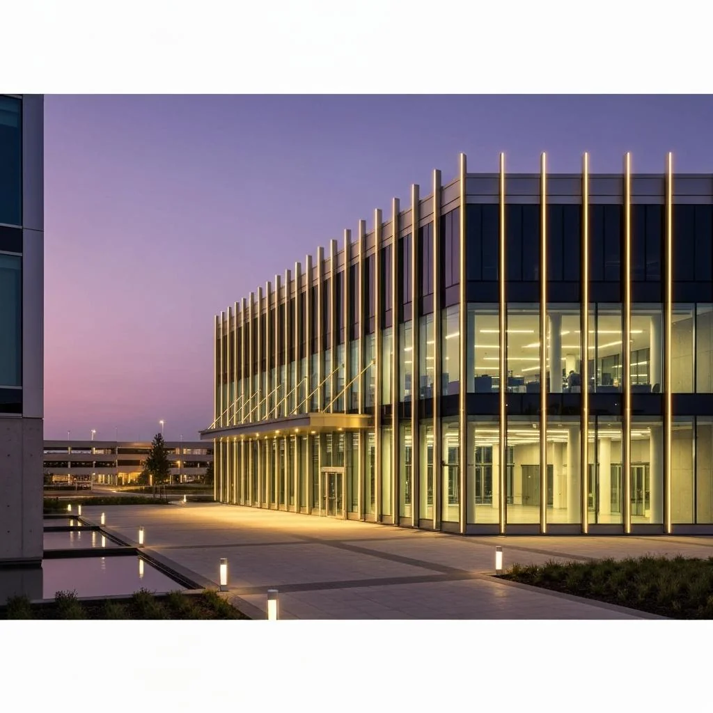 Corporate campus façade illuminated with exterior lighting