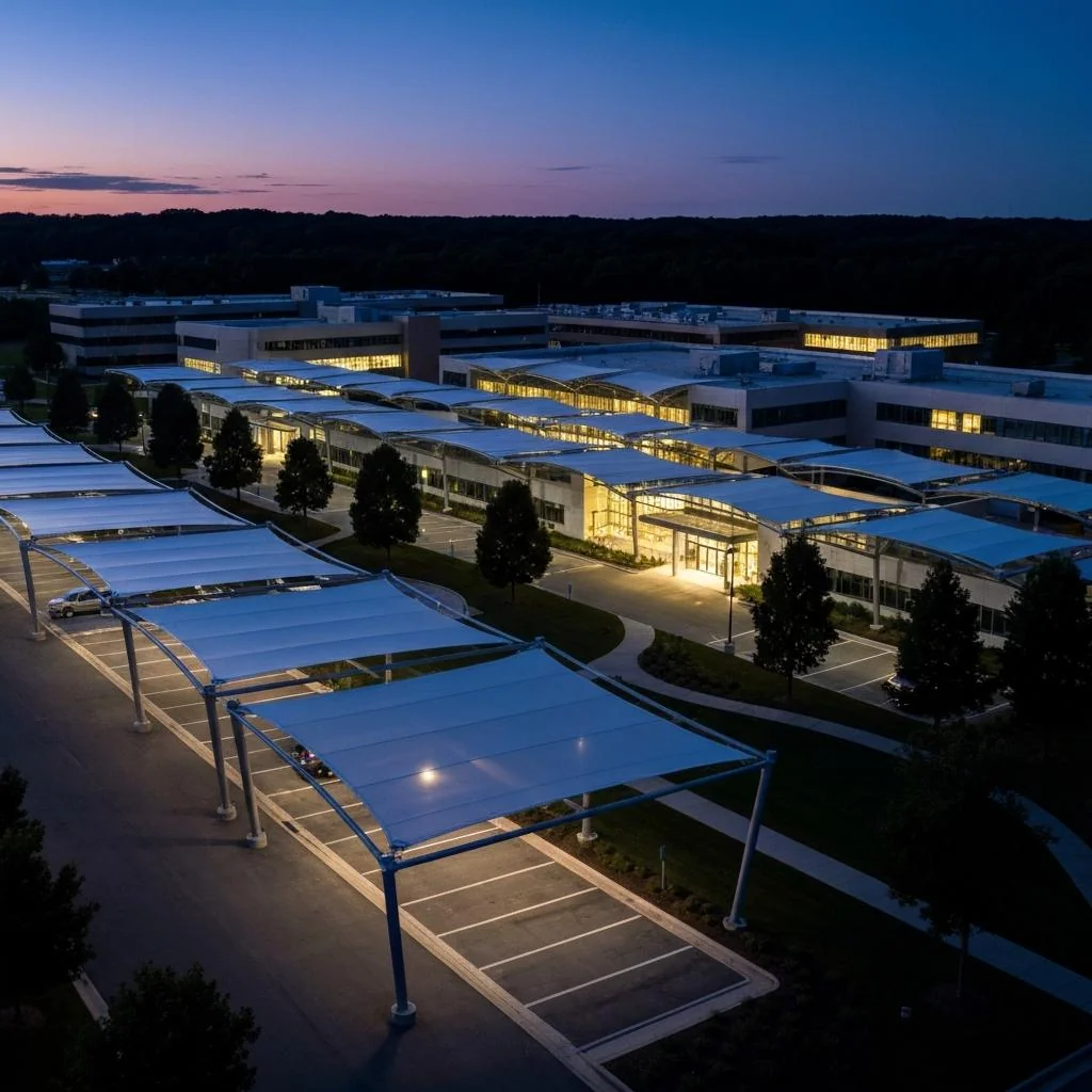 Enterprise rooftop solar portfolio glowing at dusk