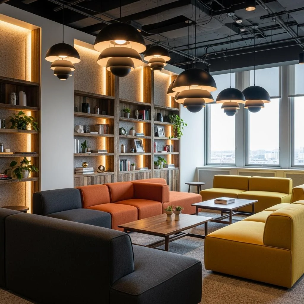 Collaboration lounge with layered pendant lighting over soft seating