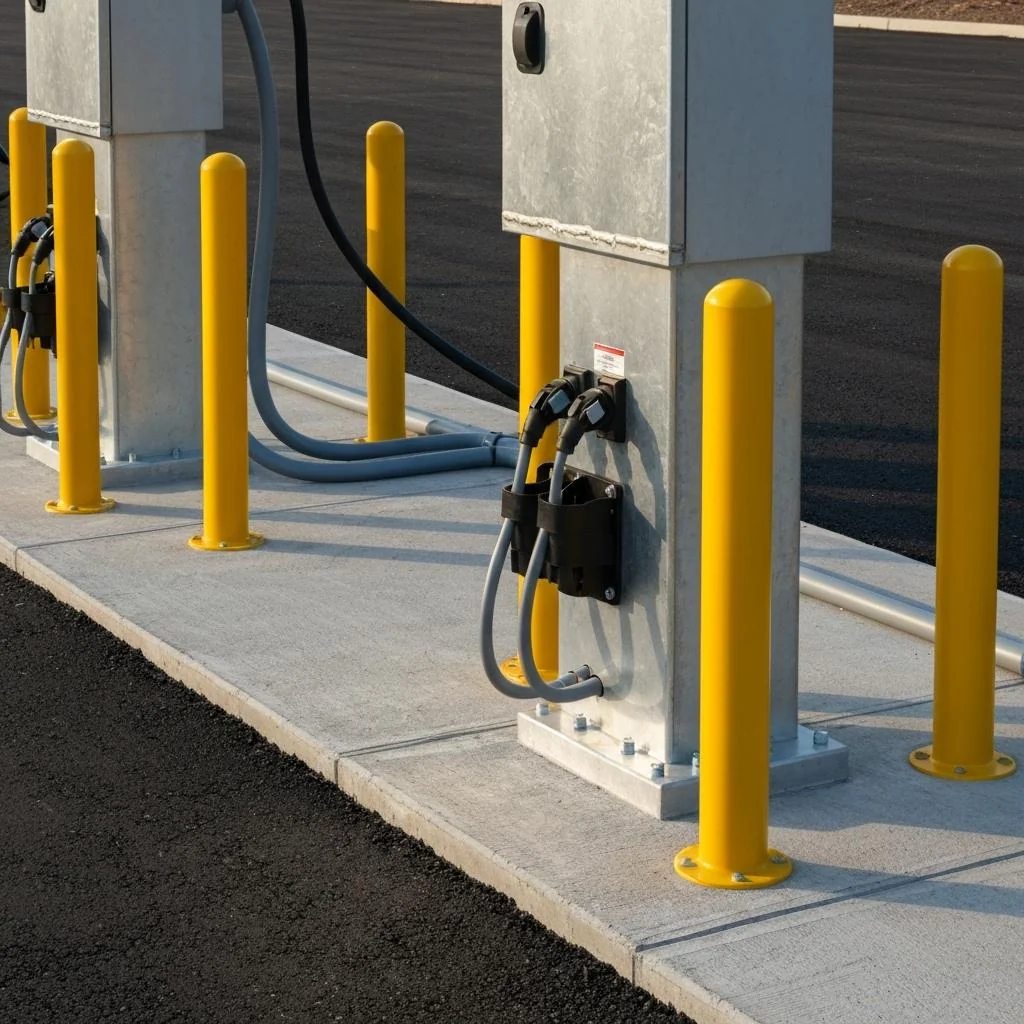 Contractors mounting DC fast chargers with conduit and safety bollards