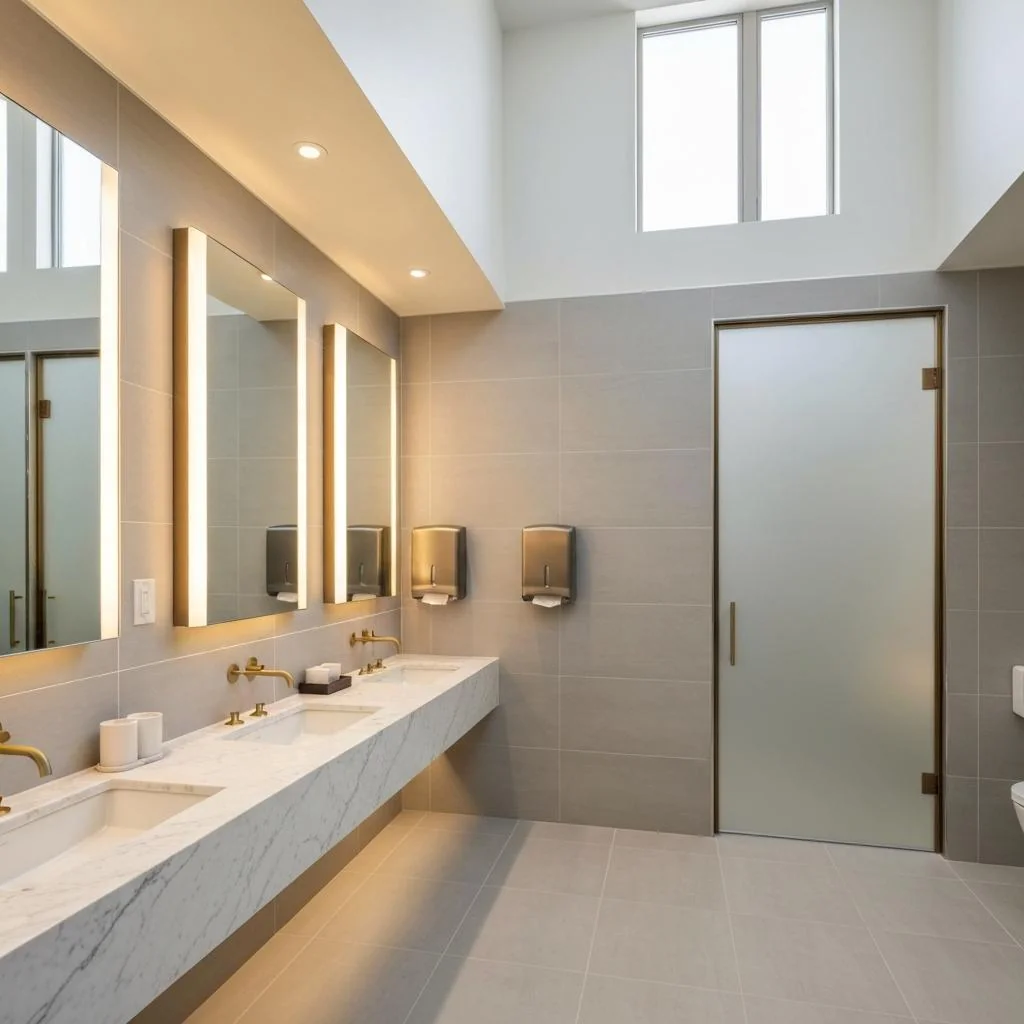 Premium corporate restroom with architectural lighting