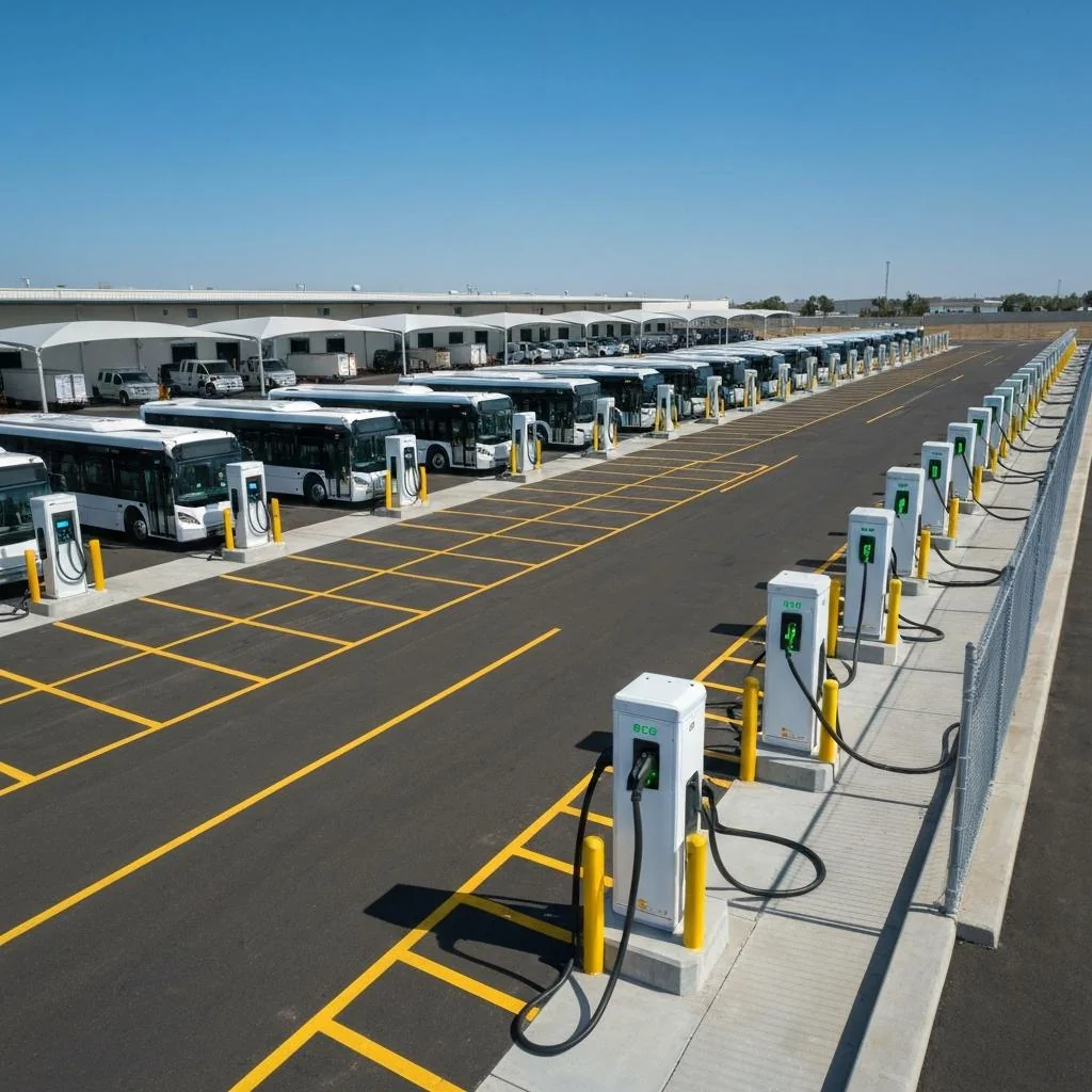 High-capacity fleet charging depot with commercial vehicles