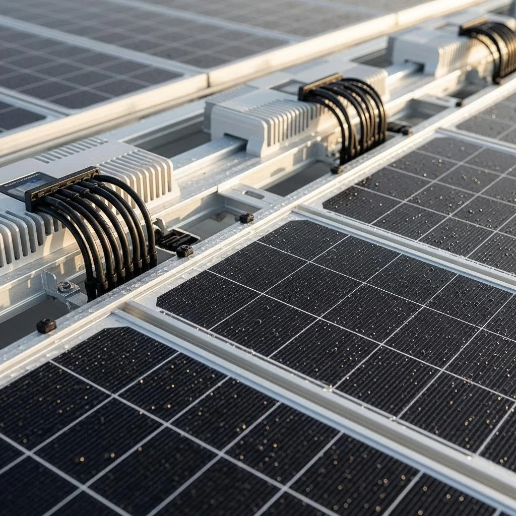 Close-up detail of enterprise solar modules and racking