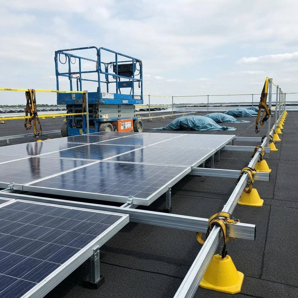 Installation crew staging panels on a commercial rooftop