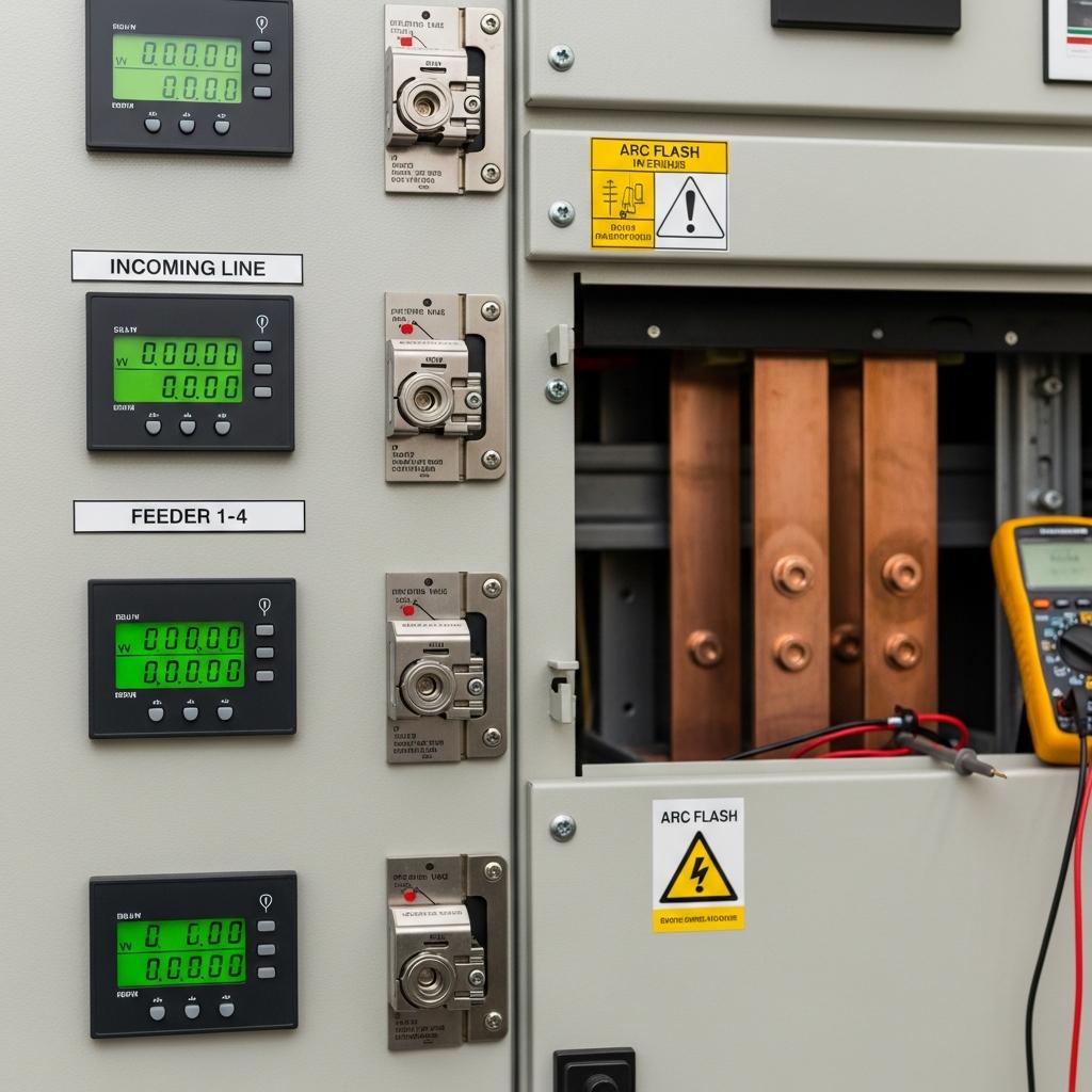 Labeled commercial switchgear staged for commissioning