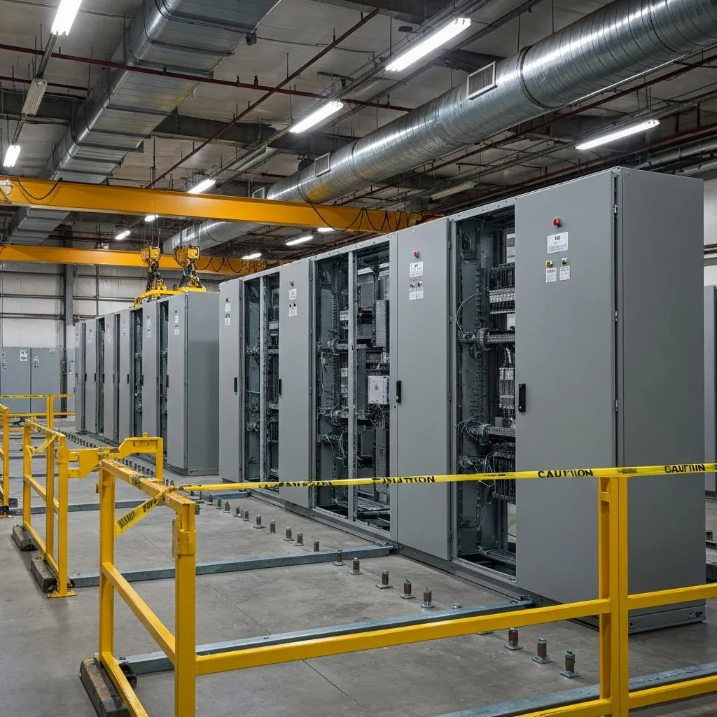 Switchgear installation crew coordinating on an industrial floor